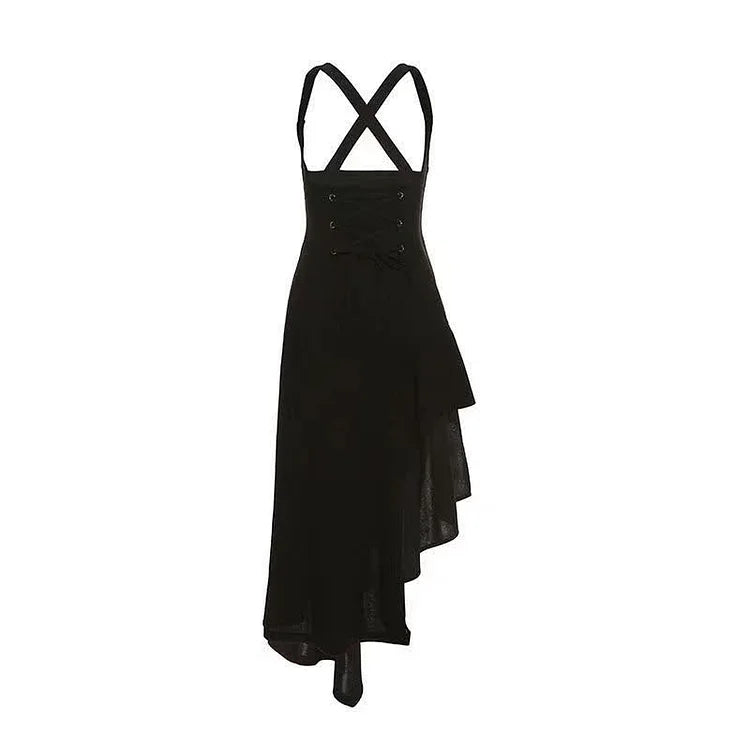JK Pocketed Tie Polo T-Shirt Irregular Lace Up Suspender Dress