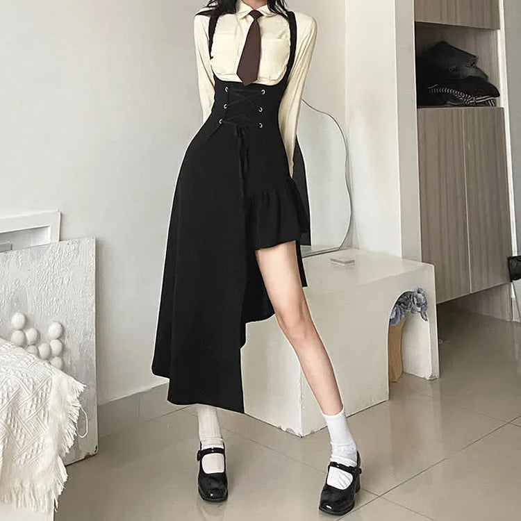 JK Pocketed Tie Polo T-Shirt Irregular Lace Up Suspender Dress