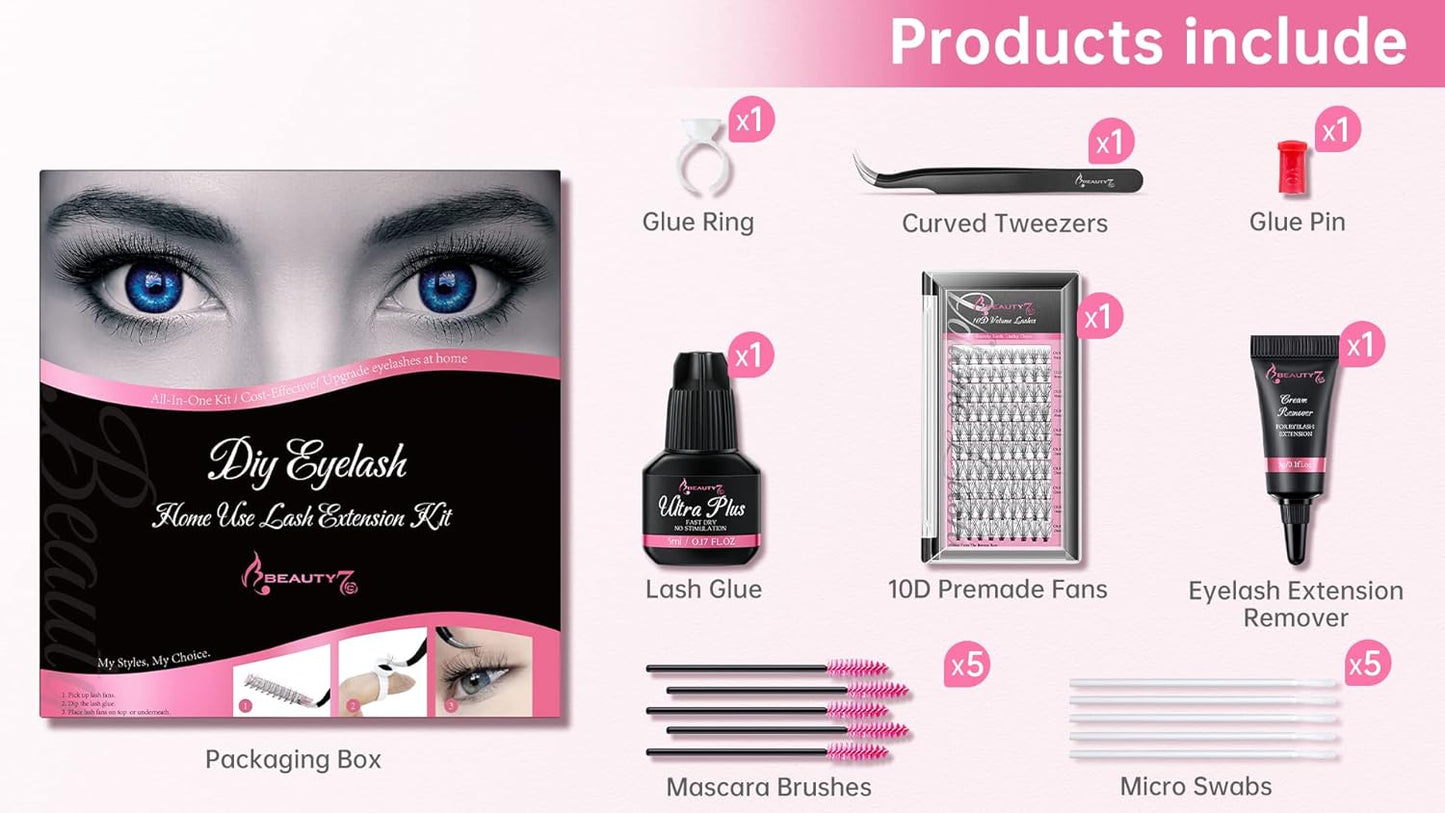 Beauty7 DIY Eyelash Extension Kit Lash Kit for Self Application Eyelash Glue Cream Remover Cluster Lashes Tweezer at Home Lash Extensions for Individuals (10D KIT)