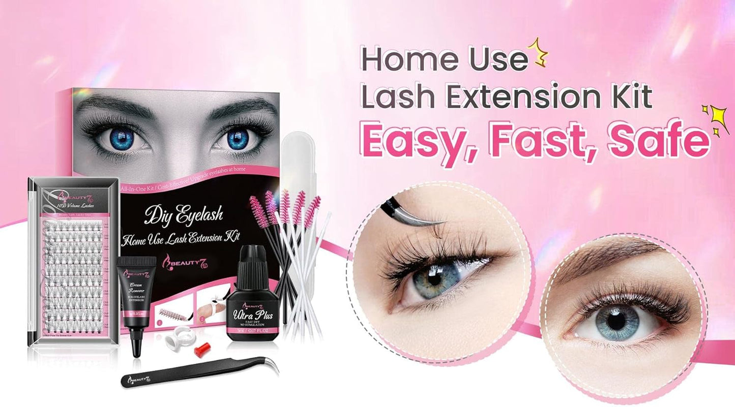 Beauty7 DIY Eyelash Extension Kit Lash Kit for Self Application Eyelash Glue Cream Remover Cluster Lashes Tweezer at Home Lash Extensions for Individuals (10D KIT)