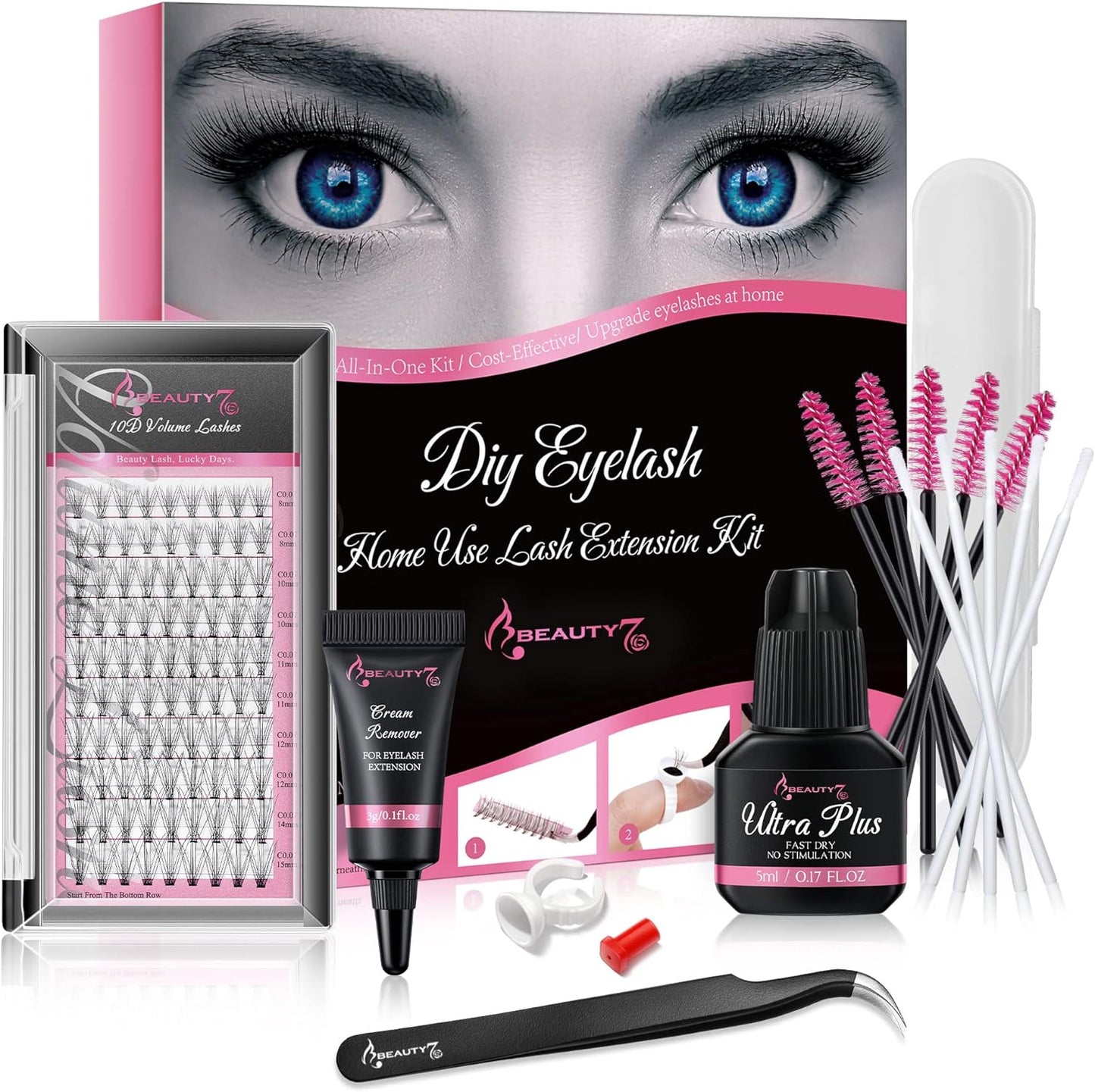 Beauty7 DIY Eyelash Extension Kit Lash Kit for Self Application Eyelash Glue Cream Remover Cluster Lashes Tweezer at Home Lash Extensions for Individuals (10D KIT)