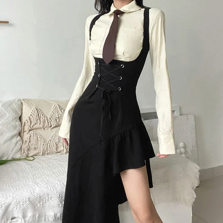JK Pocketed Tie Polo T-Shirt Irregular Lace Up Suspender Dress