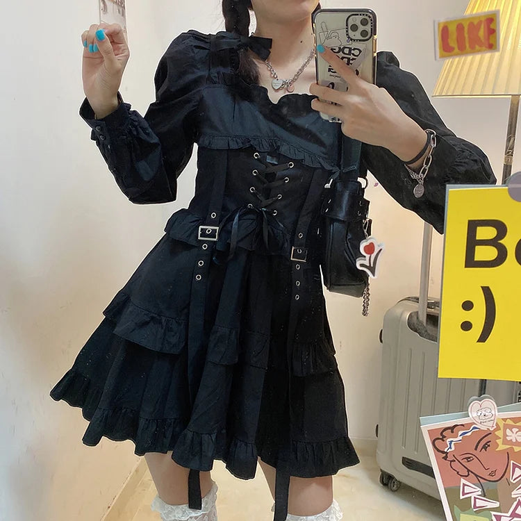 Retro Lolita Bubble Sleeves Bandage Girdle Dress