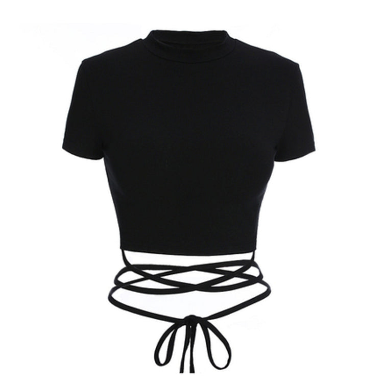 Sexy Lace Up T-shirt Short Top Black