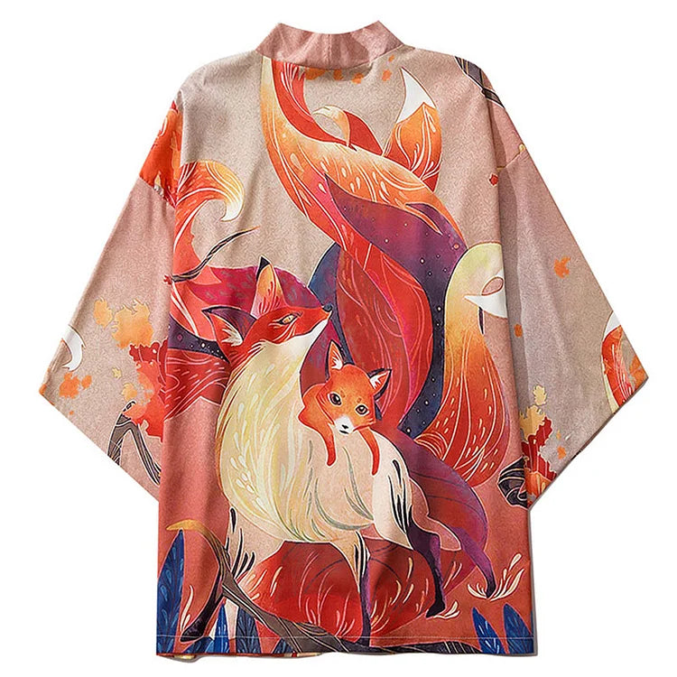 Vintage Anime Nine Tailed Fox Print Cardigan Kimono Outerwear