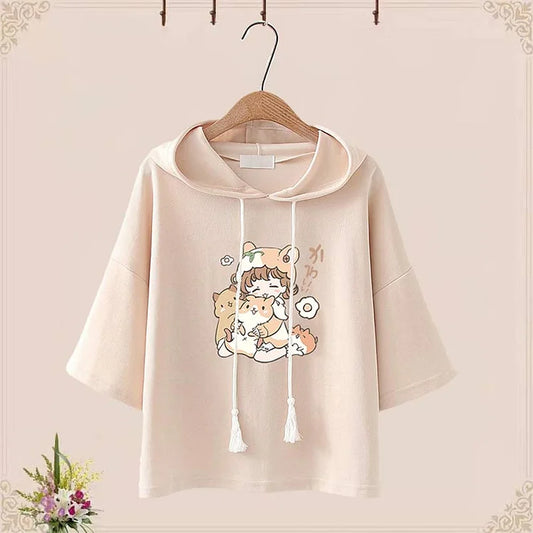 Cartoon Print Loose Hooded T-Shirt