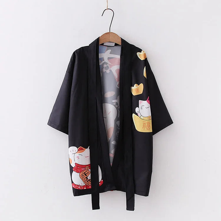 Vintage Lucky Cat Letter Print Cardigan Kimono Outerwear