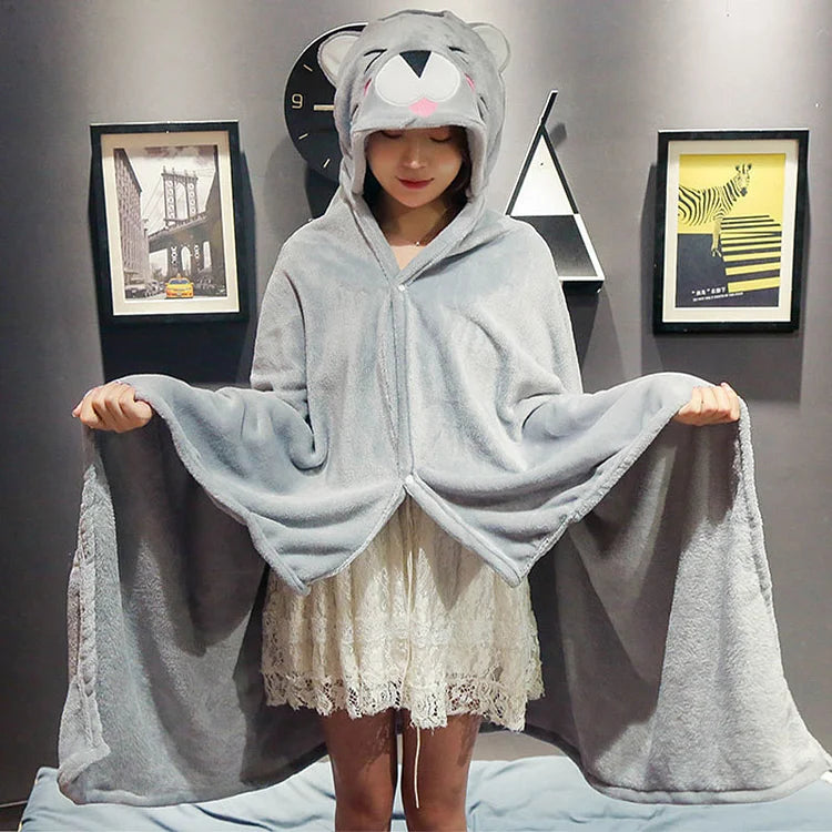 Cartoon Animals Print Plush Wearable Hooded Blanket