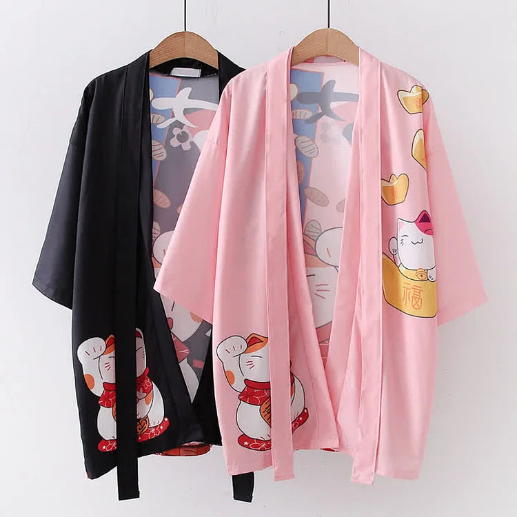 Vintage Lucky Cat Letter Print Cardigan Kimono Outerwear