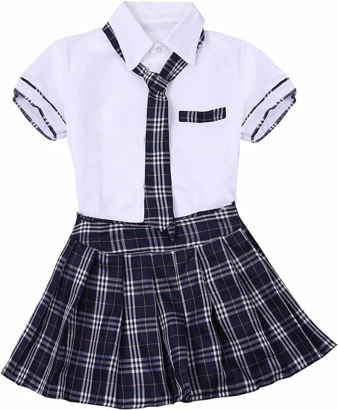 TAIKMD Women's School Girl Costume Top with Plaid Pleated Skirt Set Uniform