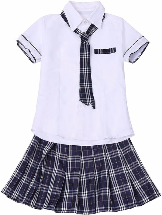 TAIKMD Women's School Girl Costume Top with Plaid Pleated Skirt Set Uniform