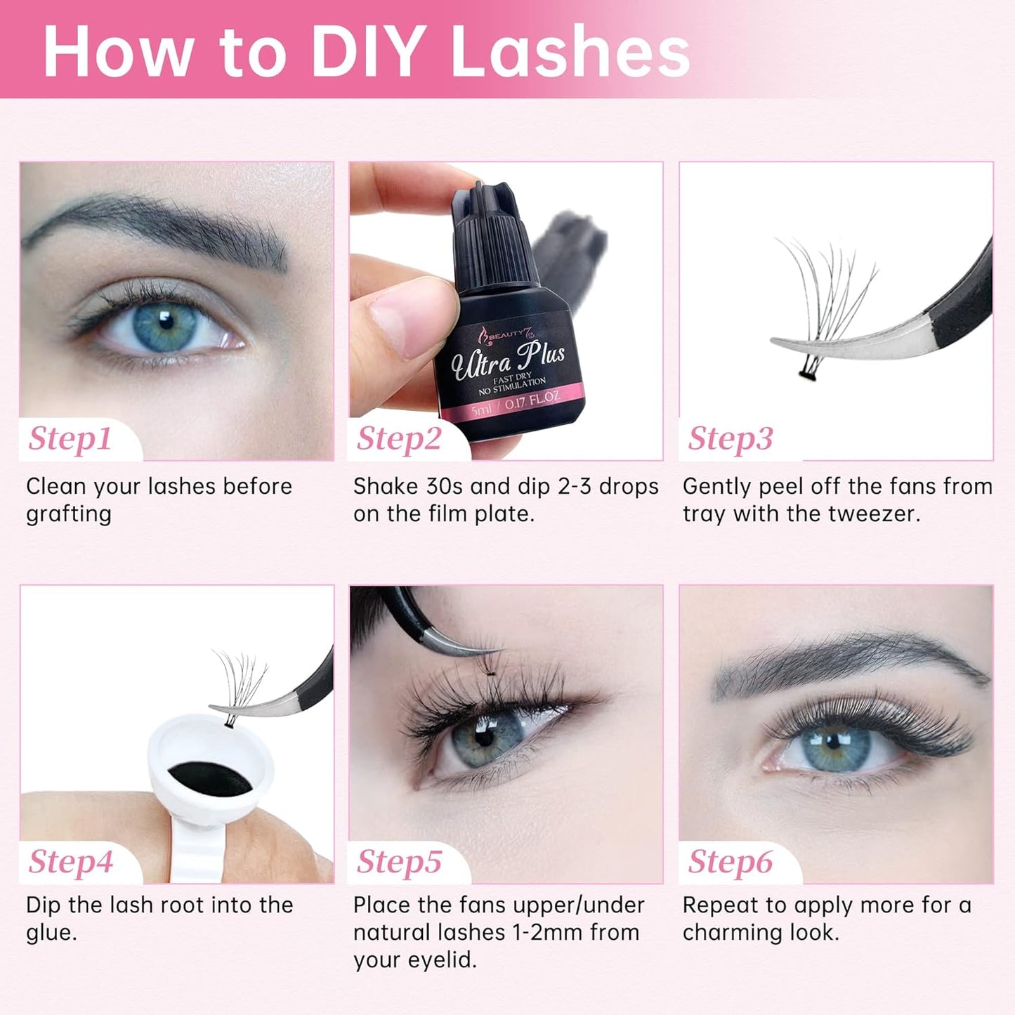 Beauty7 DIY Eyelash Extension Kit Lash Kit for Self Application Eyelash Glue Cream Remover Cluster Lashes Tweezer at Home Lash Extensions for Individuals (10D KIT)