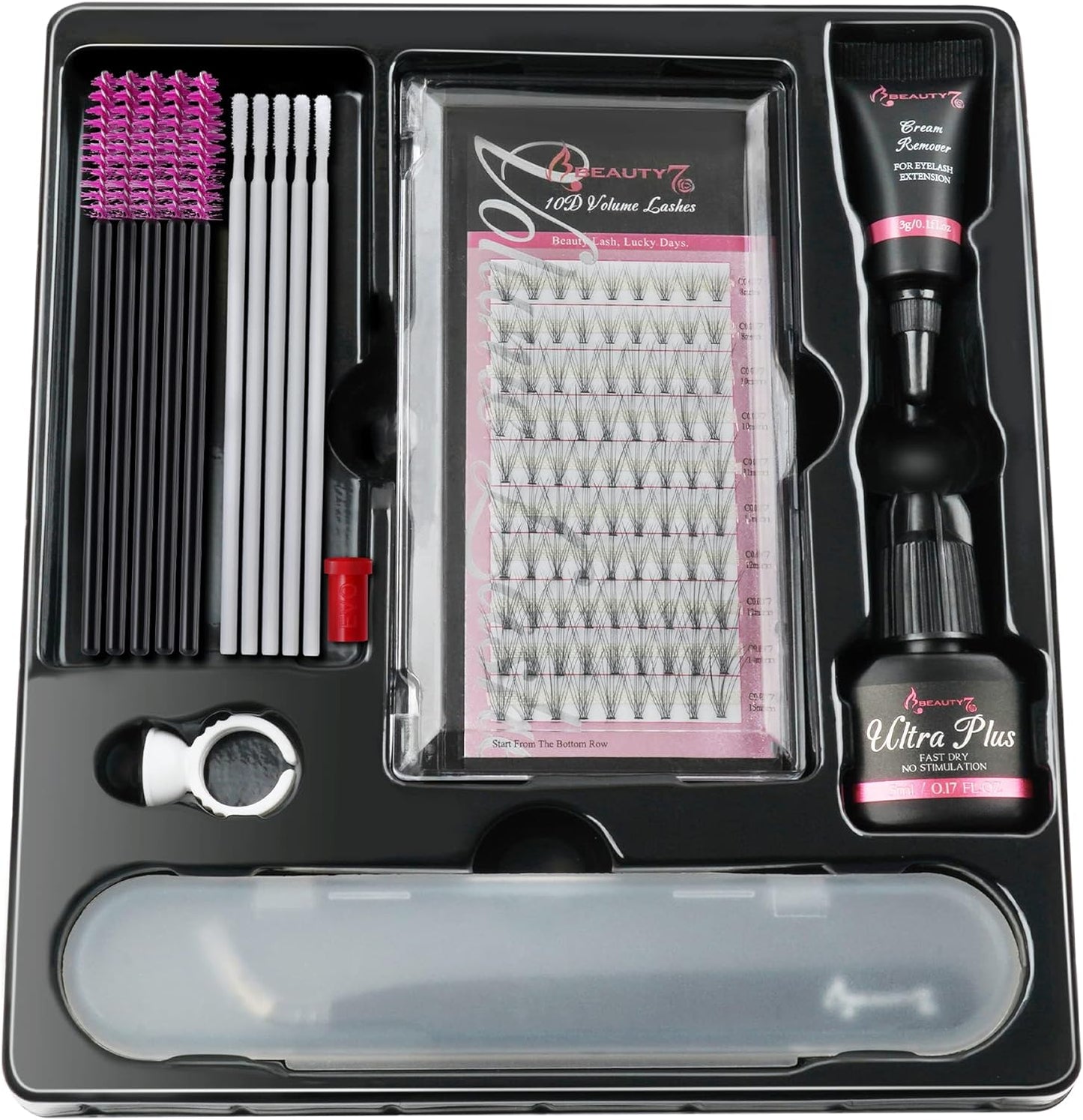 Beauty7 DIY Eyelash Extension Kit Lash Kit for Self Application Eyelash Glue Cream Remover Cluster Lashes Tweezer at Home Lash Extensions for Individuals (10D KIT)