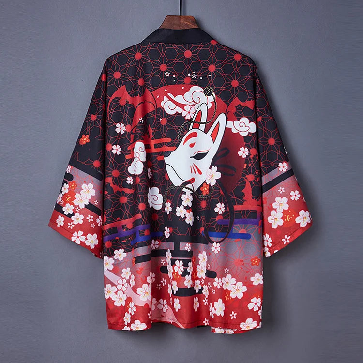 Vintage Anime Print Kimono Outerwear Sun Protective