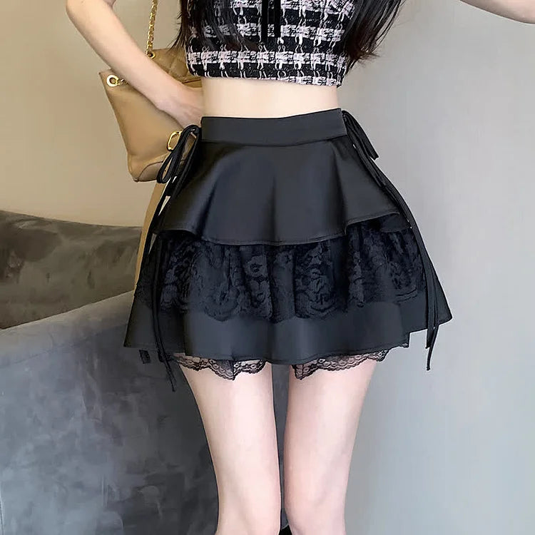 Chic Lace Up High Waist Layered Mini Skirt