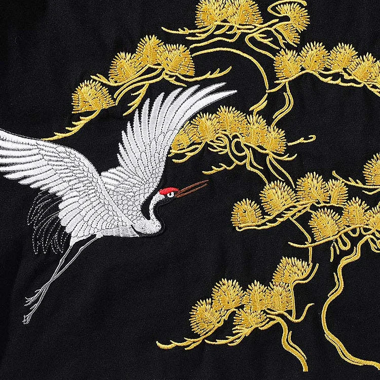 Vintage Crane Pine Embroidery Casual T-Shirt
