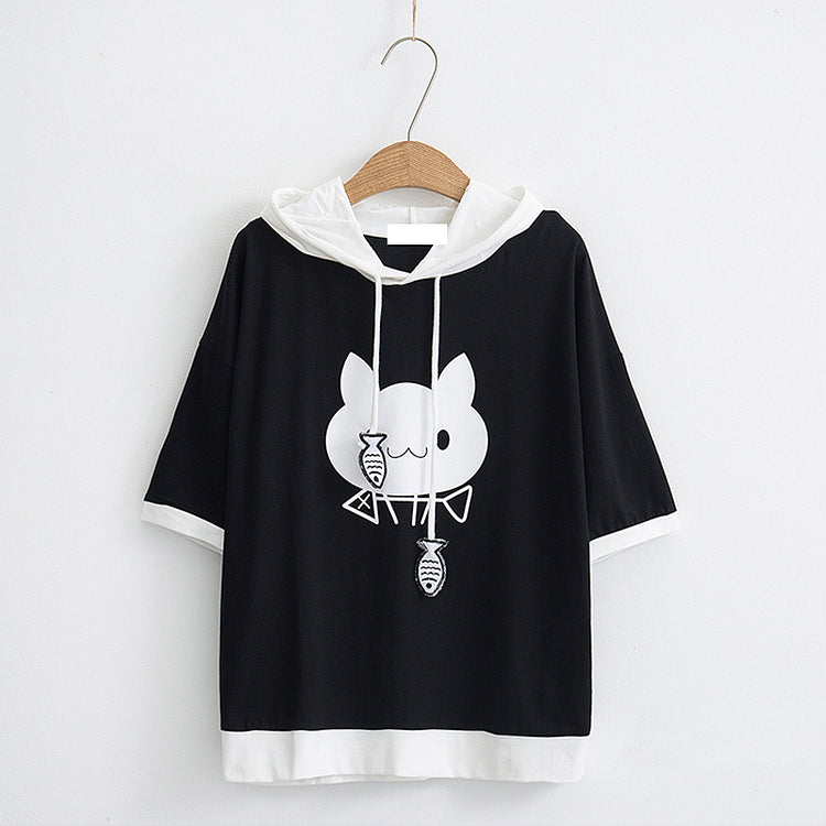 Kitty Black White Colorblock Hooded T-shirt
