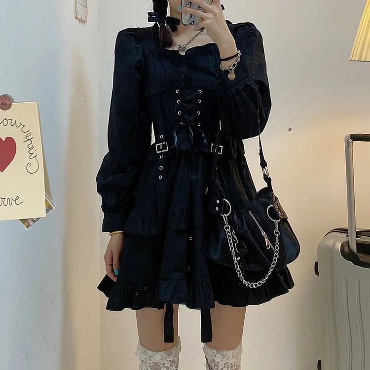 Retro Lolita Bubble Sleeves Bandage Girdle Dress