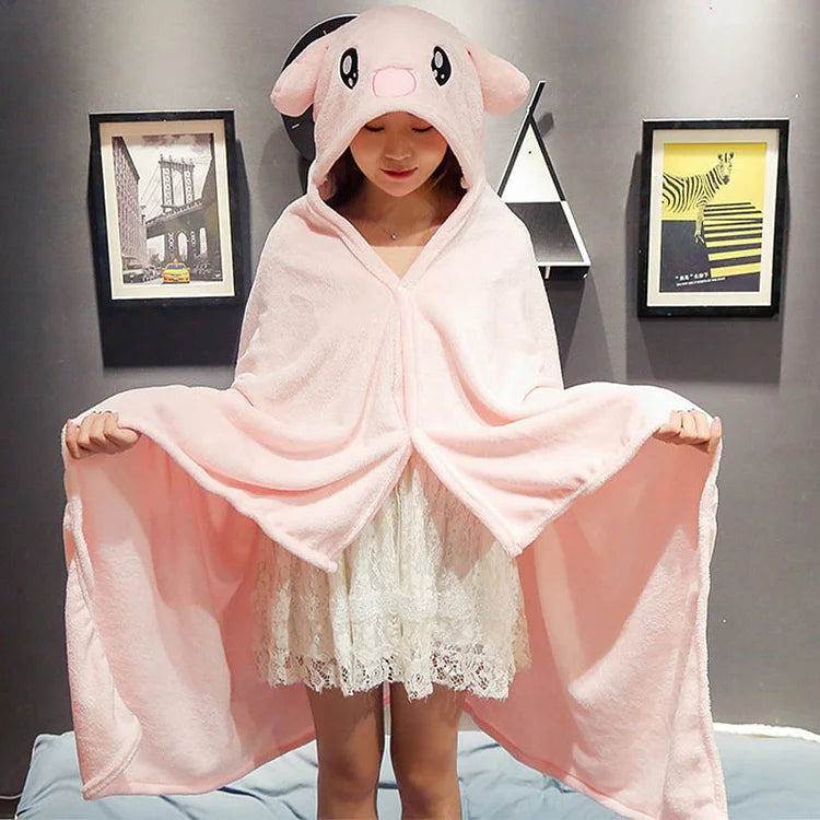 Cartoon Animals Print Plush Wearable Hooded Blanket