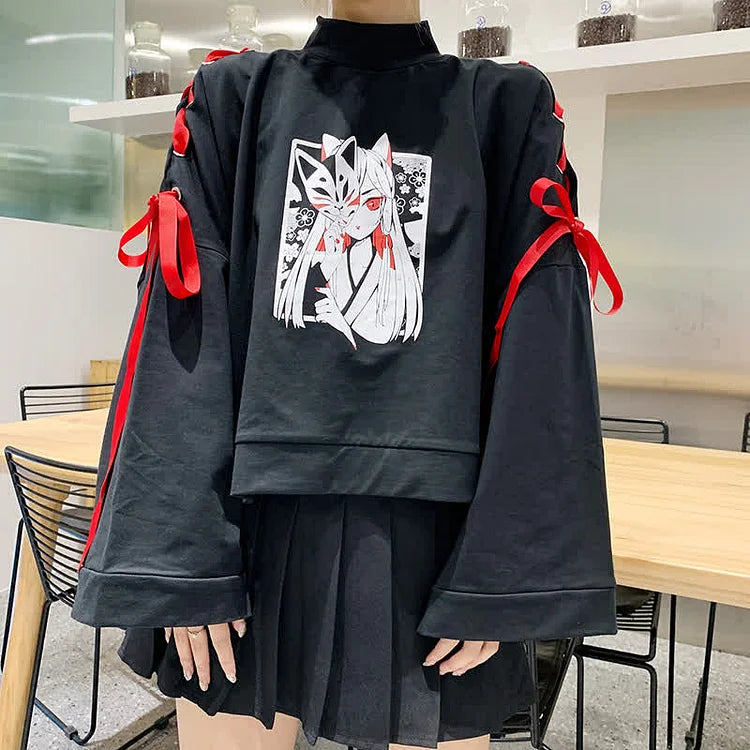 Cartoon Fox Print Lacing Short Sweatshirt