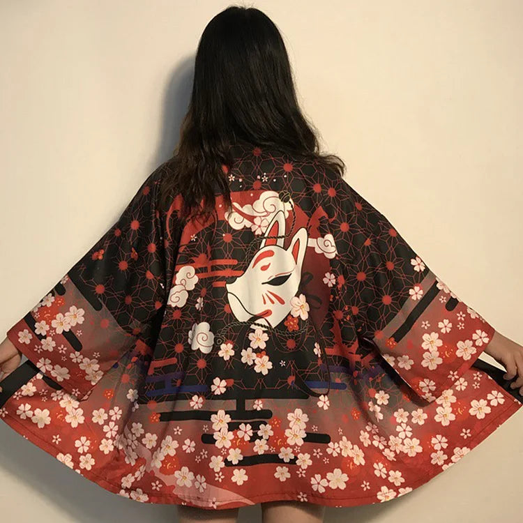 Vintage Anime Print Kimono Outerwear Sun Protective