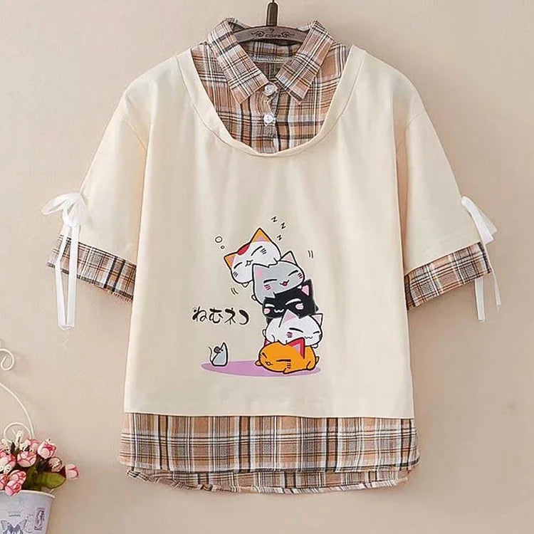 Kitty Mouse Print Fake Two-Piece T-Shirt