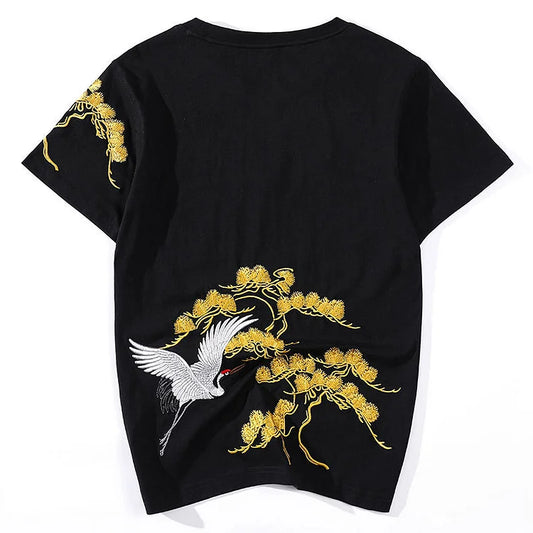 Vintage Crane Pine Embroidery Casual T-Shirt
