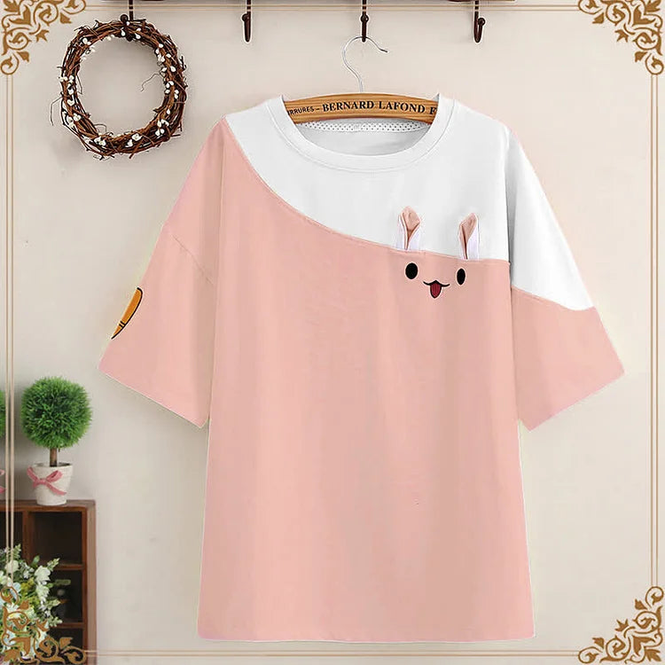 Cartoon Bunny Print Colorblock T-Shirt