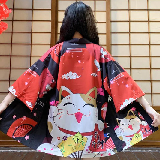 Vintage Anime Lucky Cat Print Cardigan Kimono Outerwear