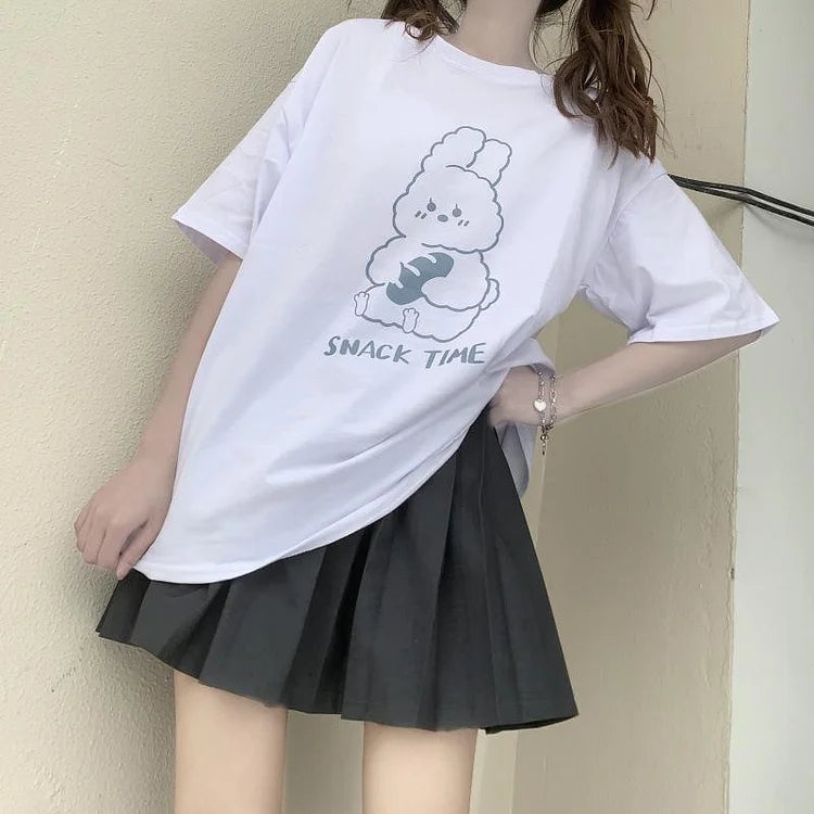 SNACK TIME Letter Bunny Print T-Shirt